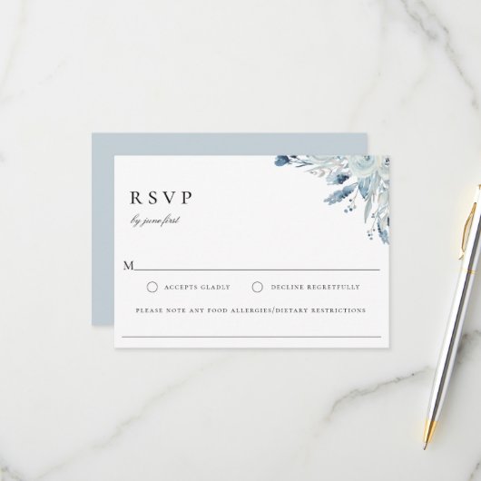 Elegant Blue Botanical Wedding Food Allergy RSVP (Voorkant / Achterkant in situ)