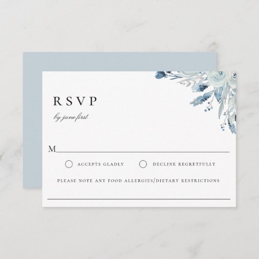 Elegant Blue Botanical Wedding Food Allergy RSVP (Voorkant / Achterkant)