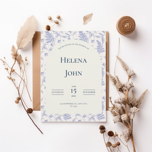 Elegant Blue Botanical Wedding Invitation Kaart