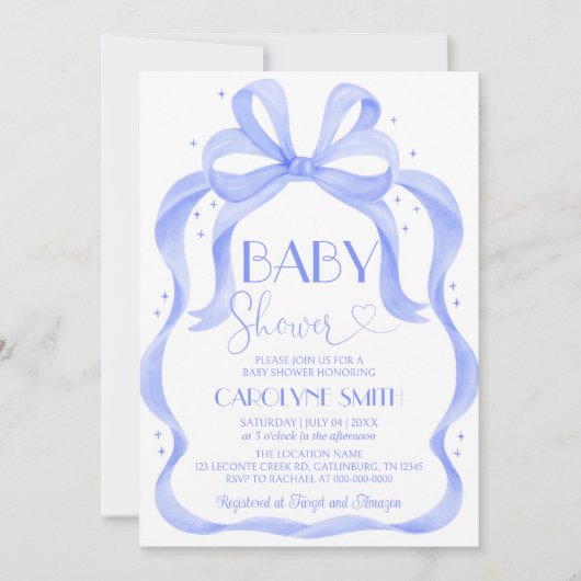 Elegant Blue Bow Baby shower Boy Invitation Kaart (Voorkant)
