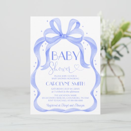 Elegant Blue Bow Baby shower Boy Invitation Kaart (Staand voorkant)