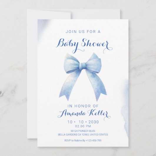 Elegant Blue Bow Baby shower Uitnodiging (Voorkant)