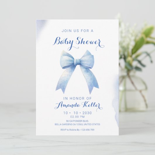 Elegant Blue Bow Baby shower Uitnodiging (Staand voorkant)