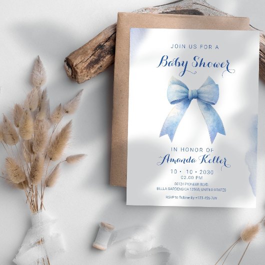 Elegant Blue Bow Baby shower Uitnodiging