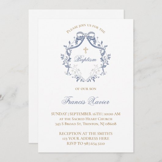  elegant blue bow | Baptism Kaart (Voorkant / Achterkant)