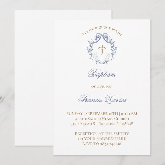  elegant blue bow Baptism Kaart (Voorkant / Achterkant)