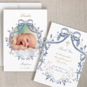 elegant blue bow Baptism small thank you card Kaart