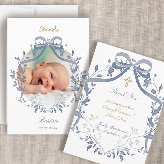 elegant blue bow Baptism small thank you card Kaart