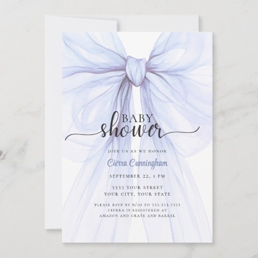 Elegant Blue Bow Boy Baby Shower Invitation Kaart (Voorkant)