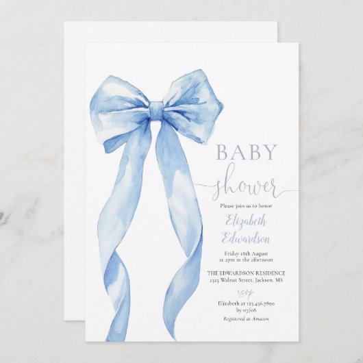 Elegant Blue Bow Boy Baby shower Kaart (Voorkant / Achterkant)