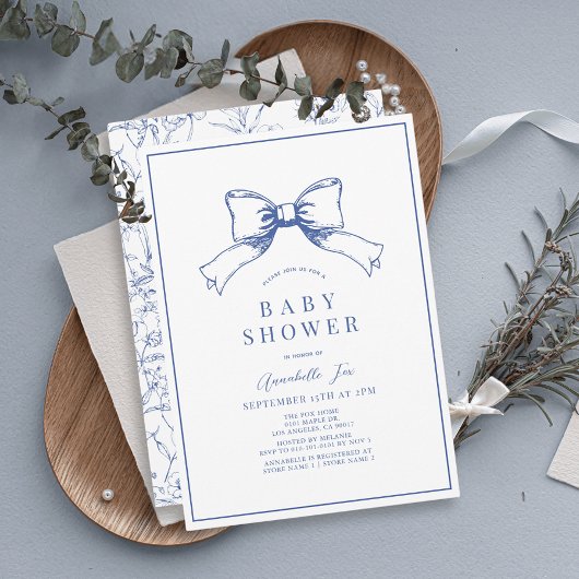 Elegant Blue Bow Boy Baby shower Kaart