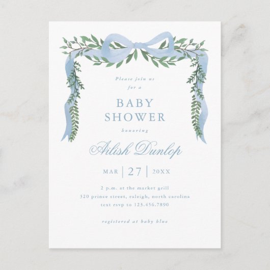 Elegant Blue Bow Boy Baby shower Uitnodiging (Voorkant)