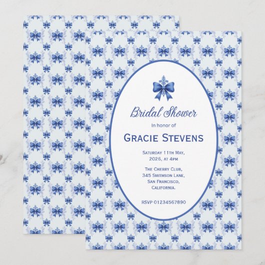 Elegant Blue Bow Bridal Shower Kaart (Voorkant / Achterkant)