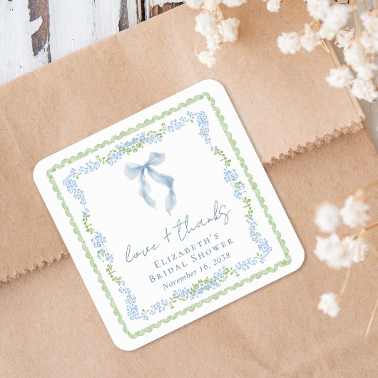 Elegant Blue Bow Bridal Shower Thank You Vierkante Sticker
