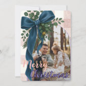 Elegant Blue Bow Christmas Two Photo Holiday Card Feestdagenkaart (Voorkant)