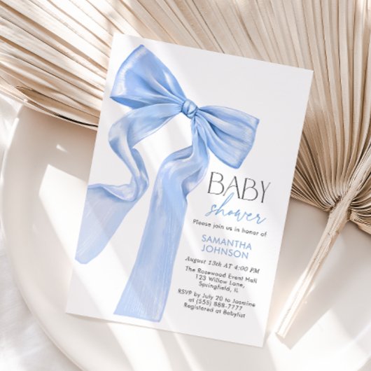 Elegant Blue Bow Coquette Baby shower Kaart