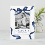 Elegant Blue Bow Foto Afstuderen Aankondiging (Staand voorkant)