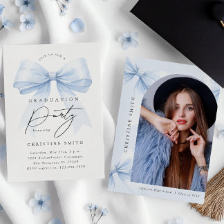 Elegant Blue Bow Graduation Photo Invitation Kaart