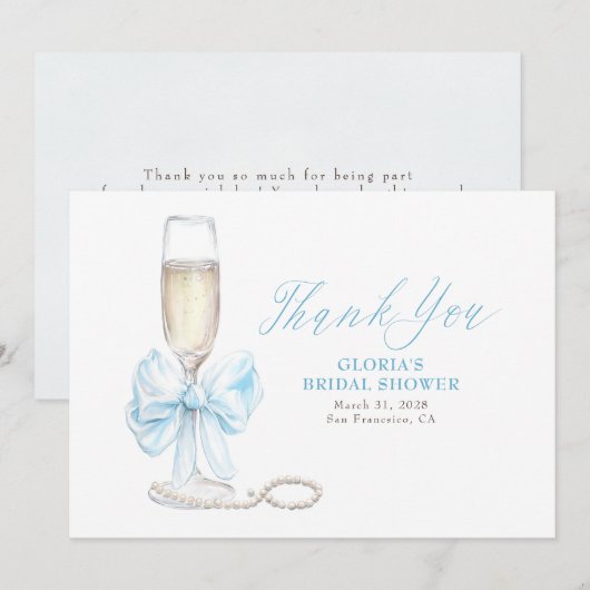 Elegant Blue Bow Prosecco Bridal Shower Thank You Bedankkaart (Voorkant / Achterkant)