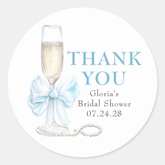 Elegant Blue Bow Prosecco Bridal Shower Thank You Ronde Sticker (Voorkant)