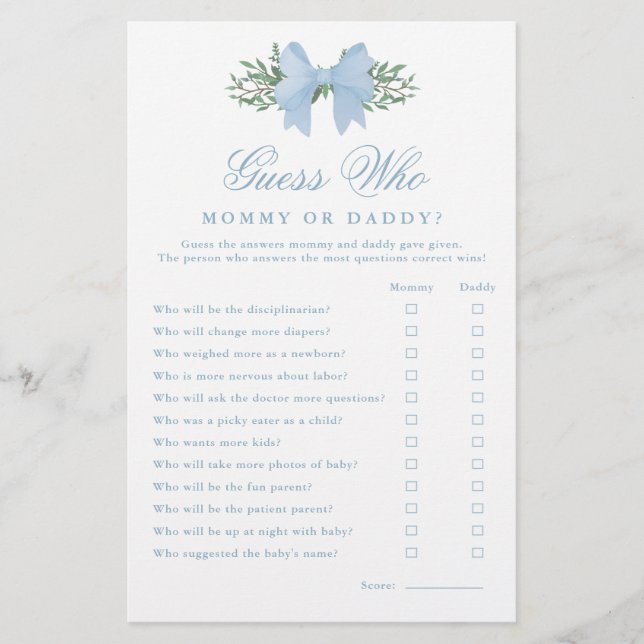 Elegant Blue Bow raden wie Baby shower spel (Voorkant)