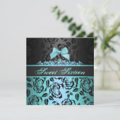 Elegant Blue Bow Sweet 16th Birthday Invitation Kaart (Staand voorkant)