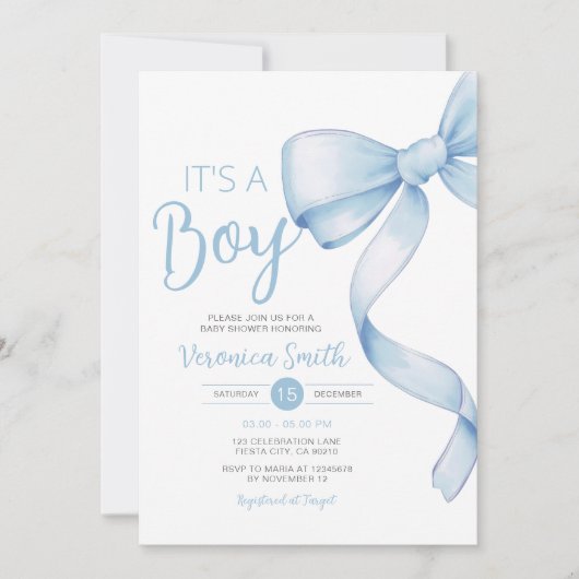 Elegant Blue Bow thema Meisje Coquette Baby shower Kaart (Voorkant)