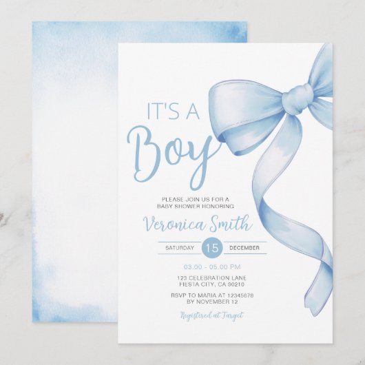 Elegant Blue Bow thema Meisje Coquette Baby shower Kaart (Voorkant / Achterkant)