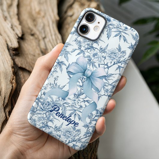 Elegant blue bow toile de jouy floral monogram Case-Mate iPhone case