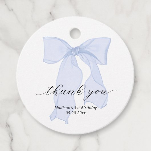Elegant Blue Bow Verjaardag Bedankt Bedankjes Labels (Voorkant)
