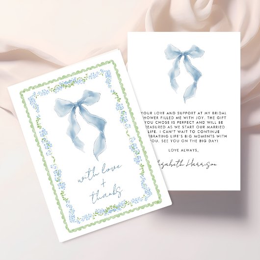 Elegant Blue Bow Watercolor Bridal Shower Bedankkaart