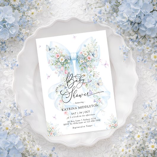 Elegant Blue Bow Wildflower Baby Shower Kaart