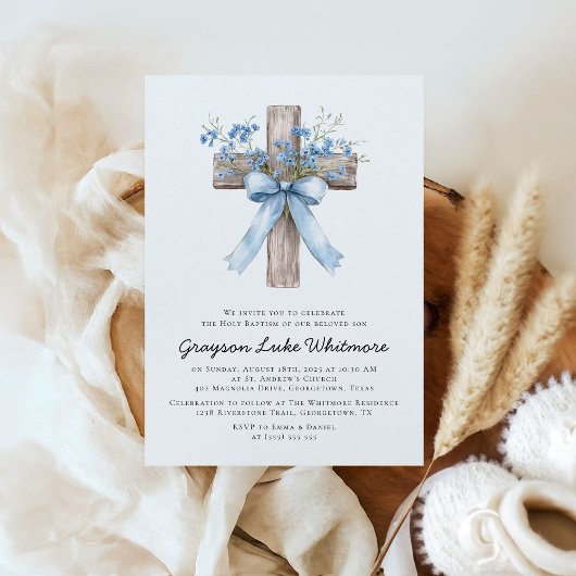 Elegant Blue Bow Wildflowers Baptism Kaart
