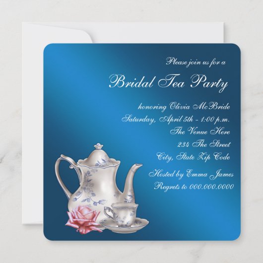 Elegant Blue Bridal Tea Party Kaart (Achterkant)