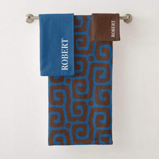 Elegant Blue &Brown Abstract Pattern Custom Name Bad Handdoek (Insitu)