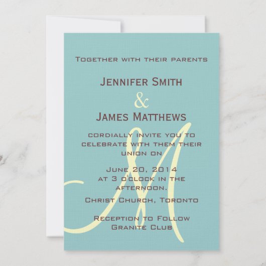 Elegant Blue Brown Monogram Wedding Uitnodiging (Achterkant)