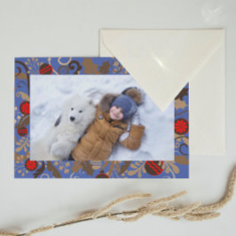 Elegant Blue & Brown Personalized Photo Christmas Briefkaart