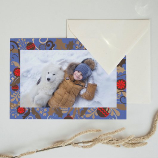 Elegant Blue & Brown Personalized Photo Christmas Briefkaart