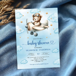 Elegant Blue Brown Teddy Bear Pilot Baby Shower Kaart