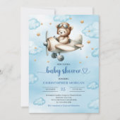Elegant Blue Brown Teddy Bear Pilot Baby Shower  Kaart (Voorkant)