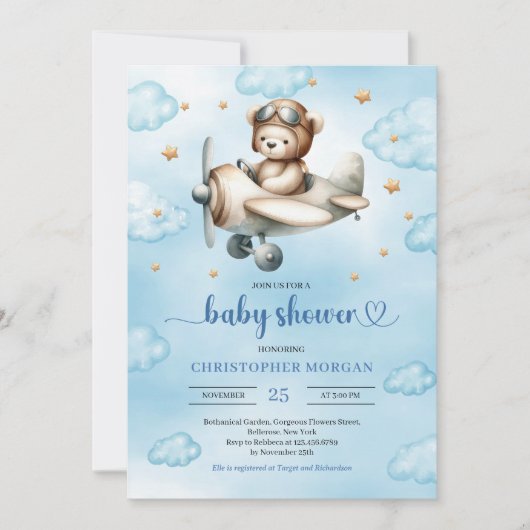 Elegant Blue Brown Teddy Bear Pilot Baby Shower Kaart (Voorkant)