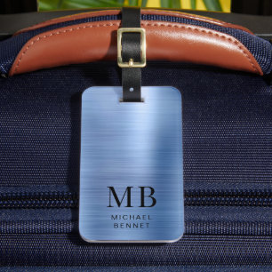Elegant Blue Brushed Metal Monogramed Bagagelabel