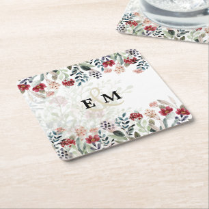 Elegant Blue Burgundy Floral Wedding MONOGRAMMED Kartonnen Onderzetters