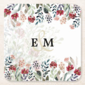 Elegant Blue Burgundy Floral Wedding MONOGRAMMED Kartonnen Onderzetters (Voorkant)
