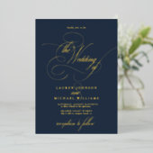 Elegant Blue Burgundy Gold Calligraphy Wedding Folie Uitnodiging (Staand Voorkant)