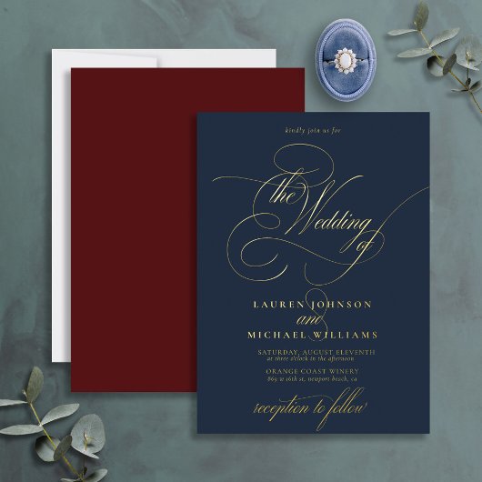 Elegant Blue Burgundy Gold Calligraphy Wedding Folie Uitnodiging