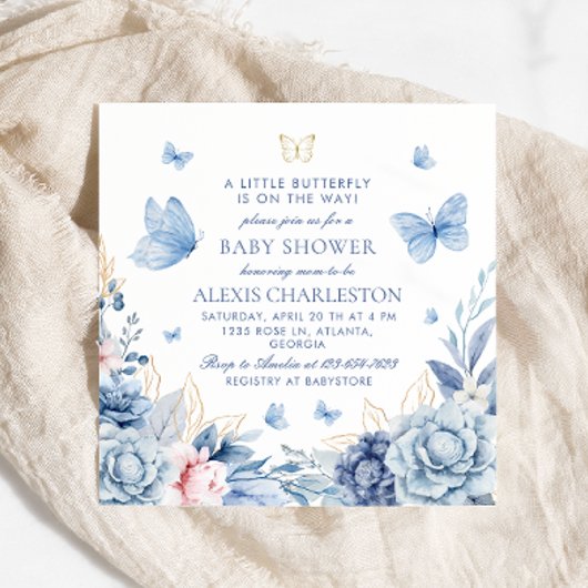 Elegant Blue Butterfly Boy Baby shower Kaart