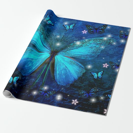 Elegant Blue Butterfly Cadeaupapier (Uitgerold)