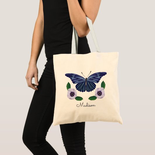 Elegant Blue Butterfly Floral Personalized Script Tote Bag (Voorkant (product))