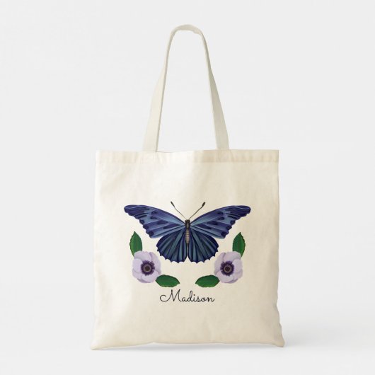 Elegant Blue Butterfly Floral Personalized Script Tote Bag (Achterkant)